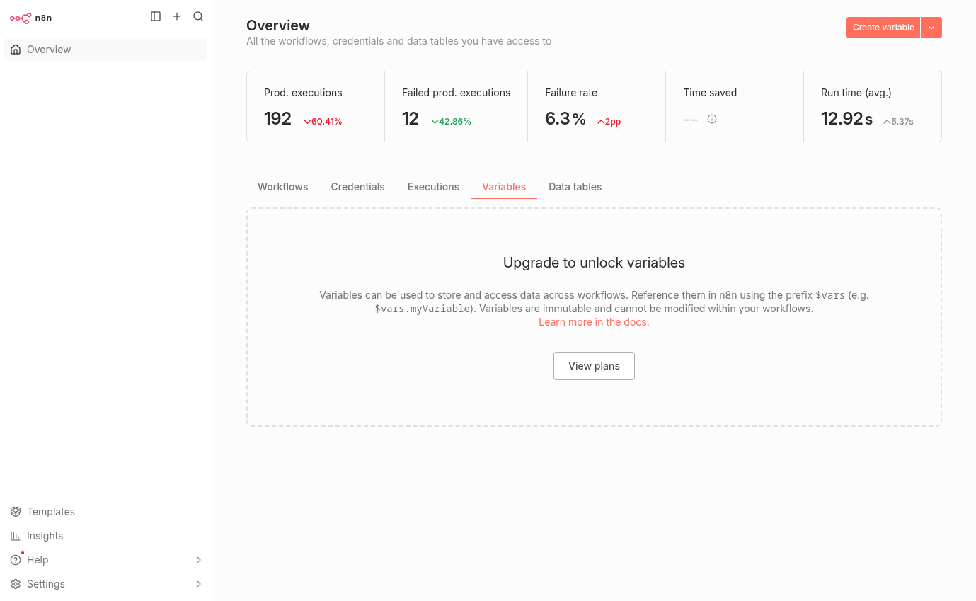 Écran N8N Variables montrant Upgrade to unlock variables